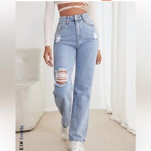 SHEIN Size 6 Denim Blue Jeans Frenchy High Waist Distressed Straight Leg Ripped